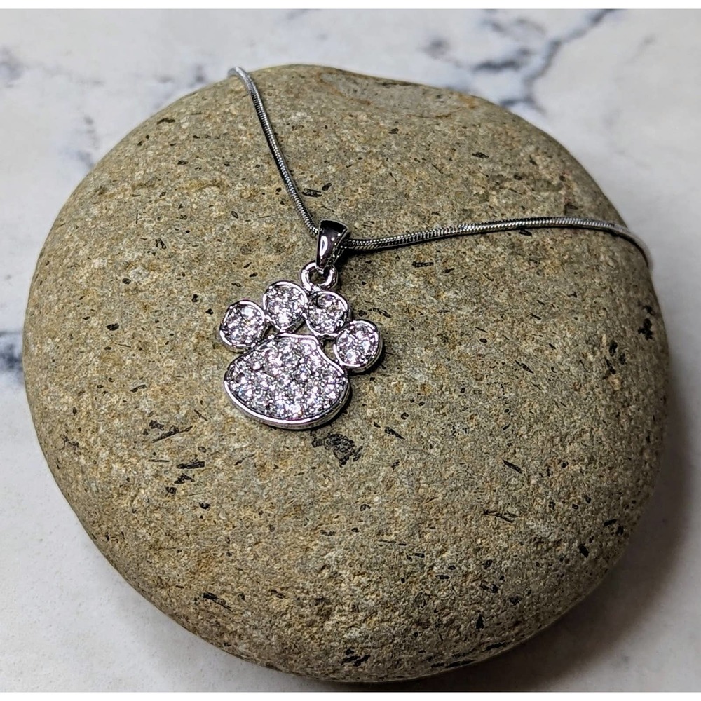 Paw Print Necklace White Gold Plated Pendant with Crystals - Picture 6 of 8